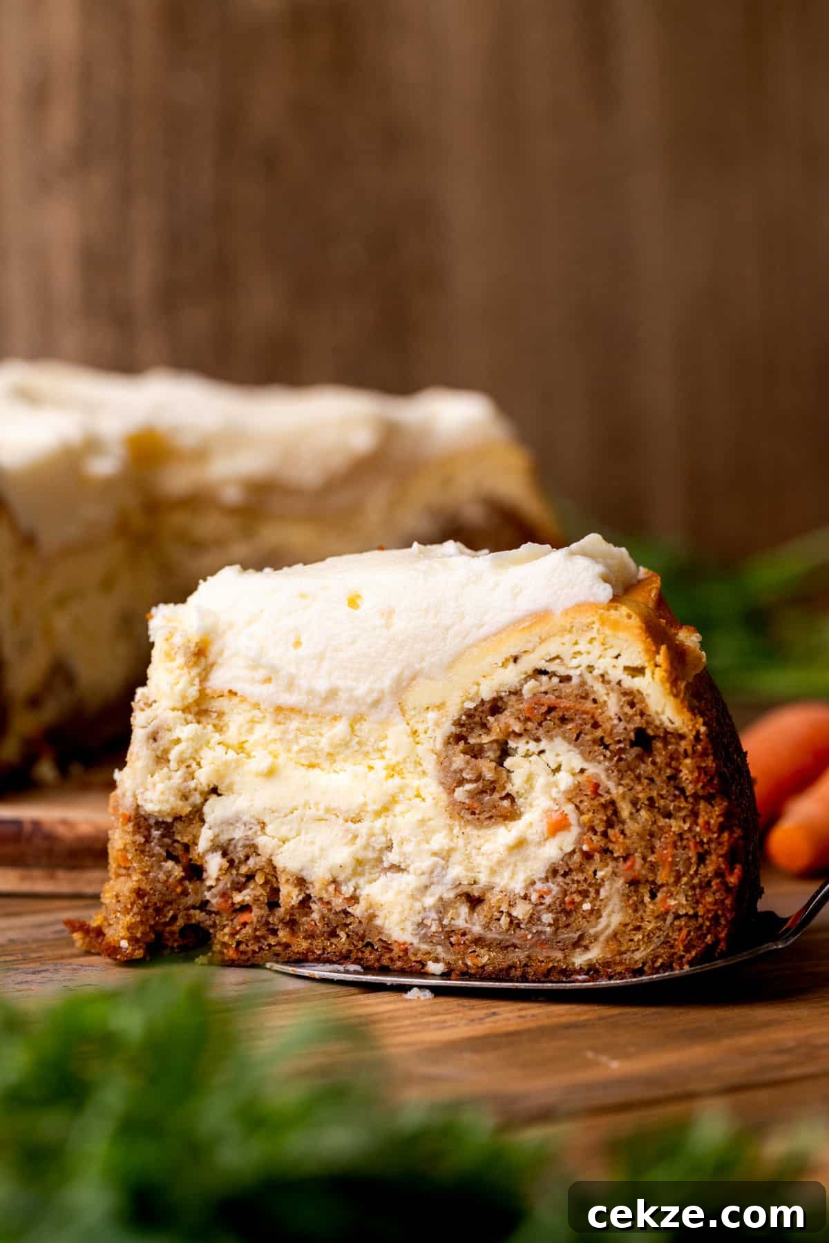 Carrot Cake Cheesecake Recipe: Moist Layered Dessert with Cream Cheese Frosting 3 Slice of carrot cake cheesecake.