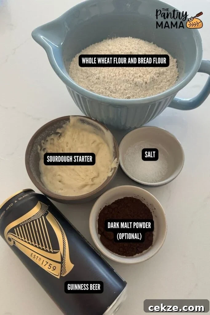 Sourdough Guinness Beer Bread — St. Patrick's Day Loaf 4 A flat lay of ingredients necessary to make a loaf of sourdough Guinness bread.