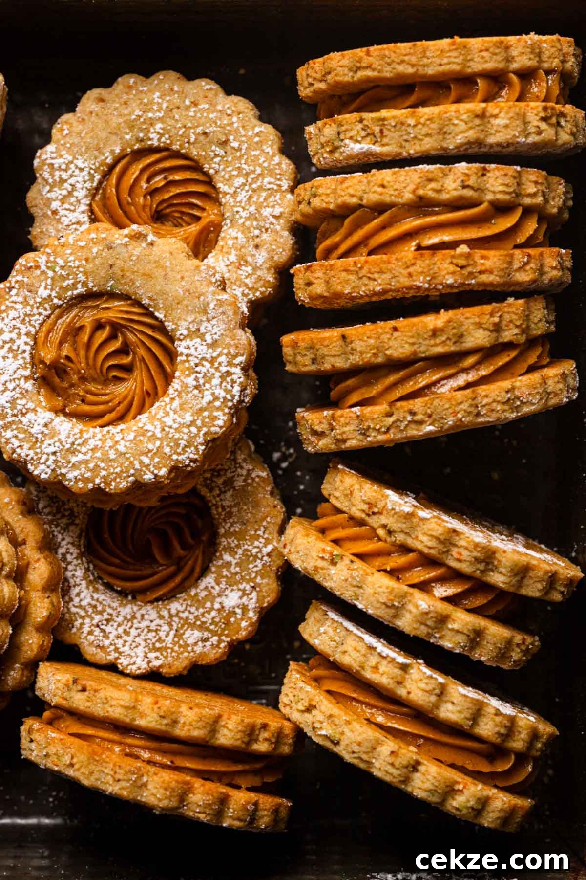 Pistachio cookies filled with pistachio caramel cream.
