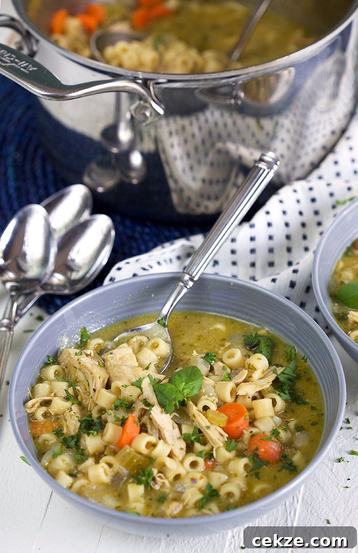 Pesto Chicken Noodle Soup in a gray bowl on a white background.
