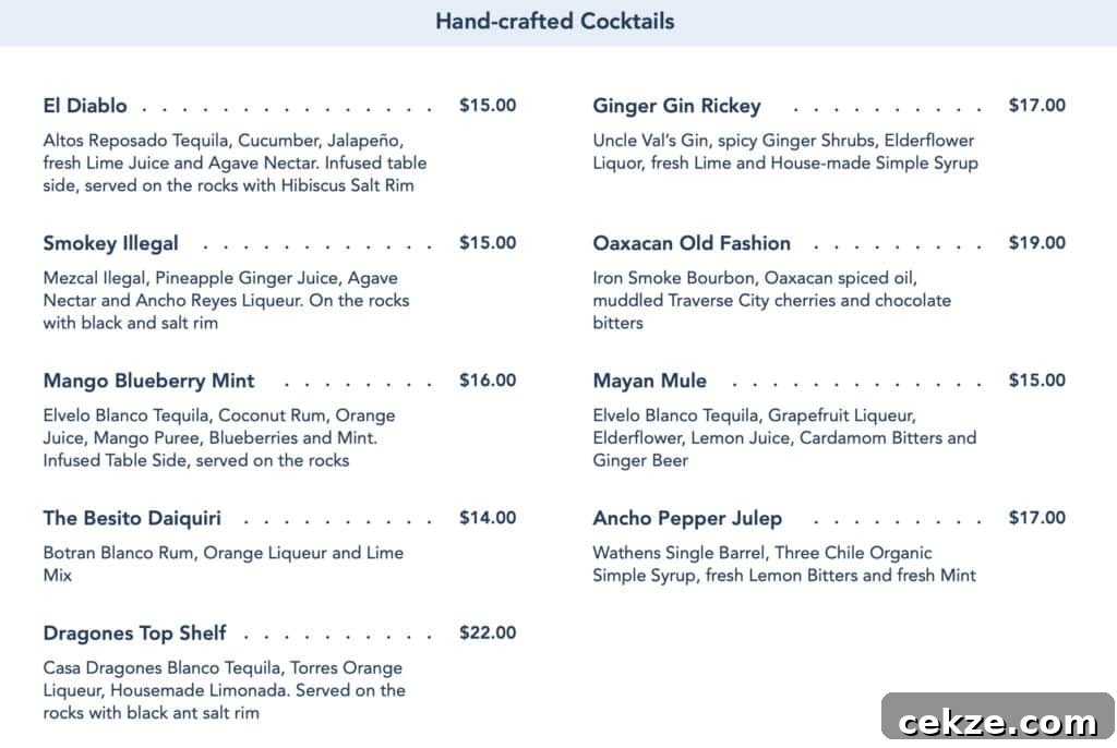 hand crafted cocktail menu from Maya Grill.