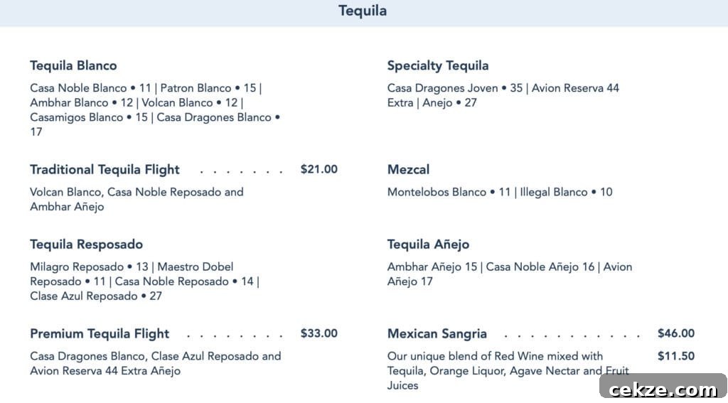 tequila menu from Maya Grill.
