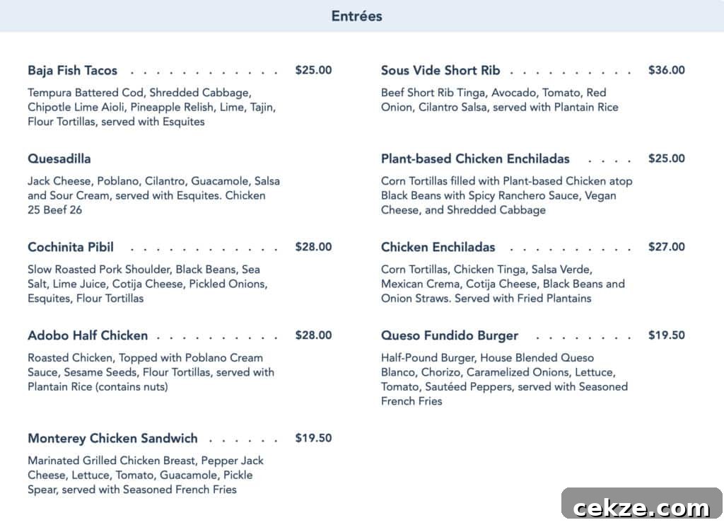 entree menu from Maya Grill.