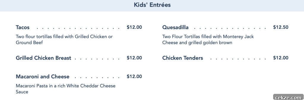 kids entree menu from Maya Grill.