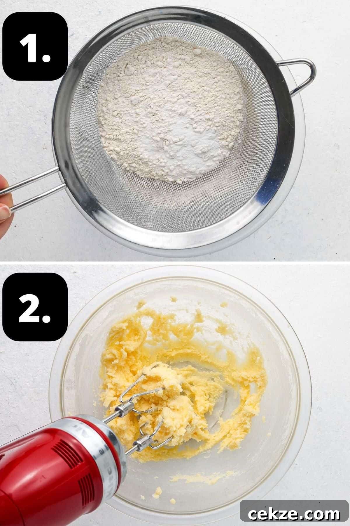 Steps 1-2 of preparing this recipe - sifting dry ingredients into a bowl and creaming the butter and sugar together in a bowl.