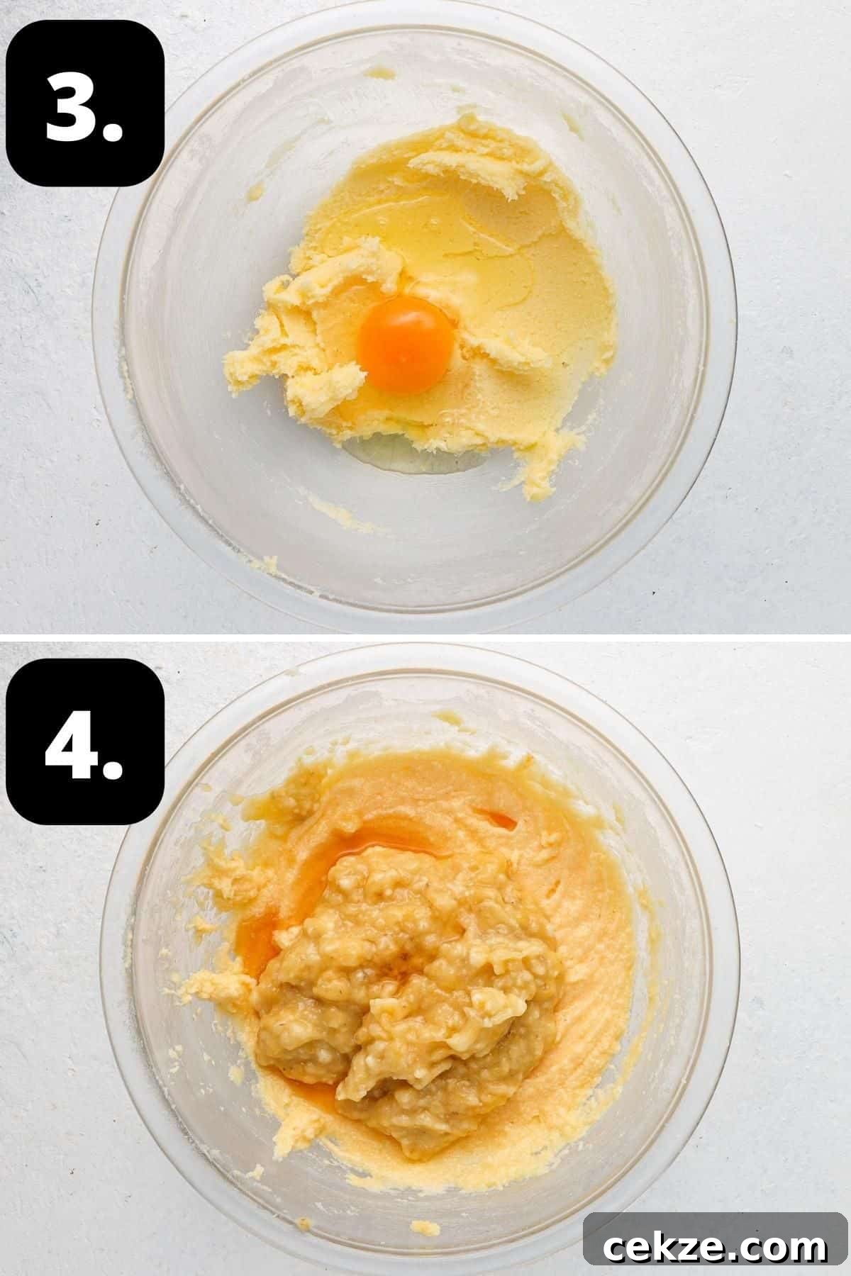 Steps 3-4 of preparing this recipe - adding an egg to sugar butter mix and then adding banana and vanilla.