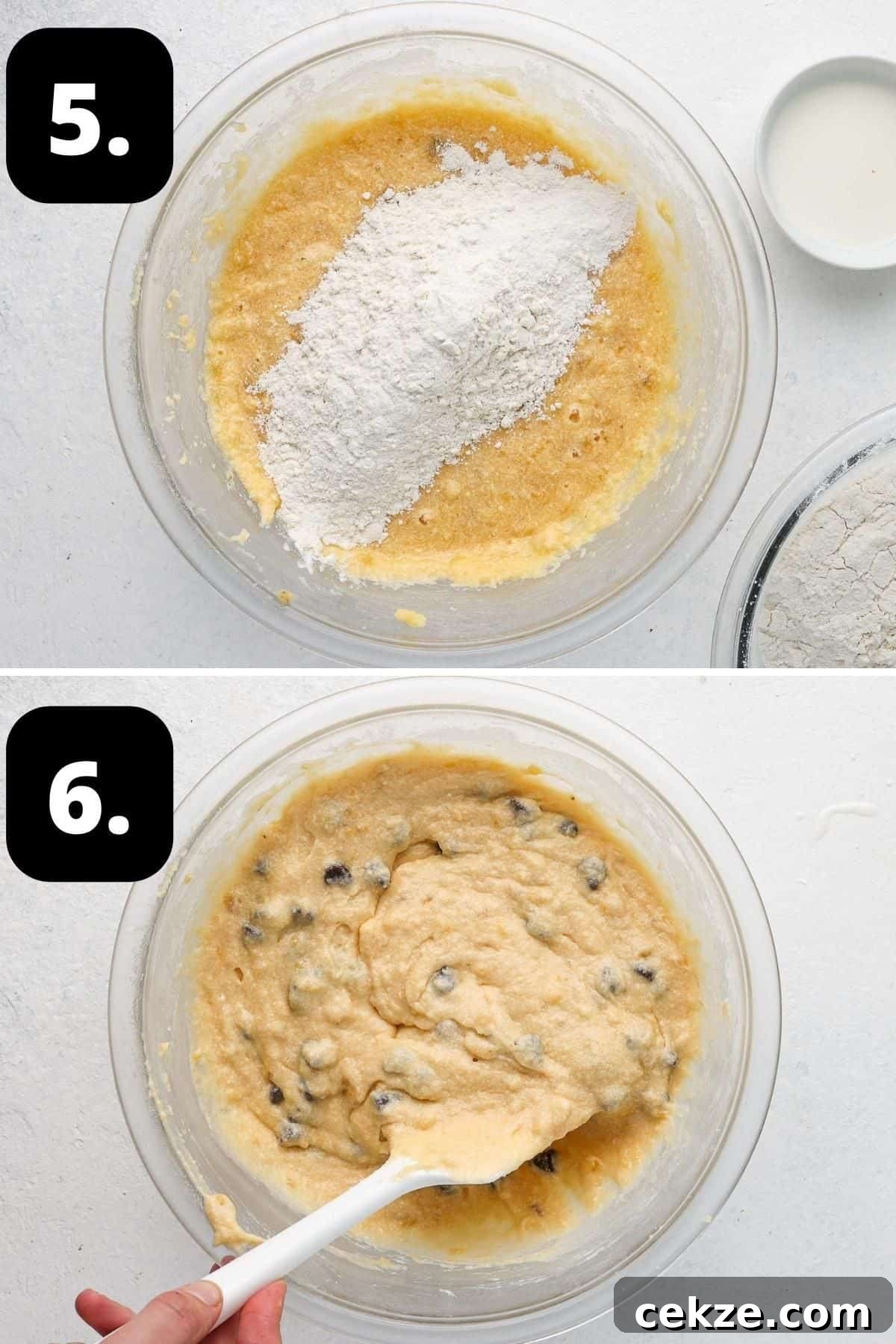 Steps 5-6 of preparing this recipe - adding the dry ingredients to batter and folding through the chocolate chips in batter.