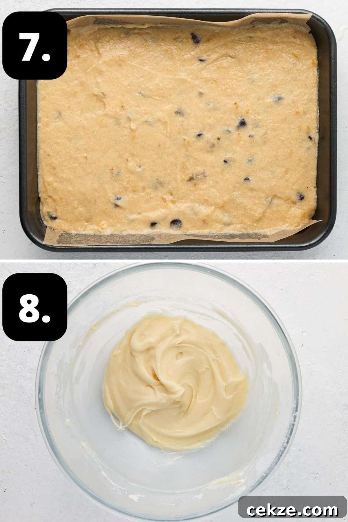 Steps 7-8 of preparing this recipe - the slice batter in baking tin ready for the oven and the cream cheese frosting in a bowl.