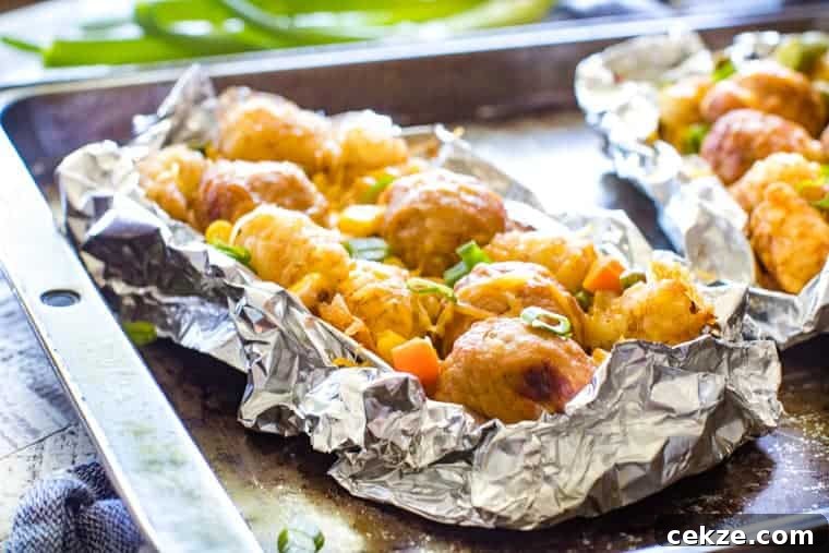 Foil Packets Meatball Tater Tot Vegetables on sheet pan