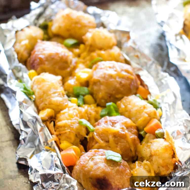 Tater Tot Meatball Foil Packet Meals on sheet pan
