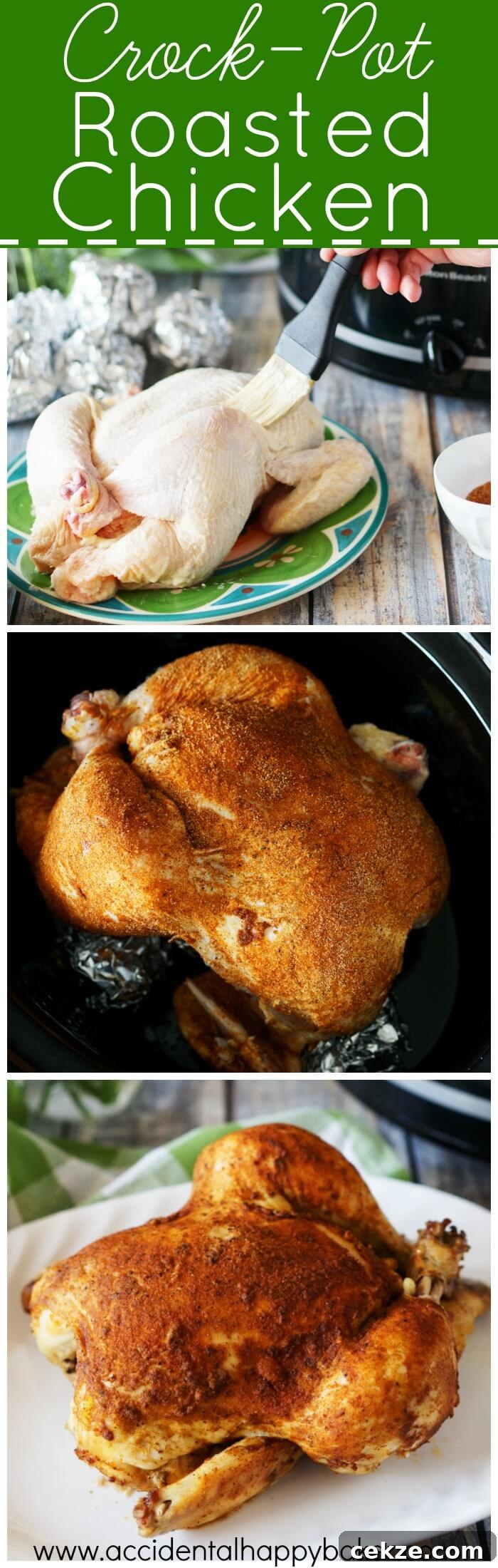 Slow-Cooked Crockpot Roast Chicken Recipe for Juicy Meat 2 This crockpot roasted chicken recipe is one you’ll come back to time after time. Homestyle chicken is so easy to prepare and so versatile. Recipe on www.accidentalhappybaker.com @AHBamy