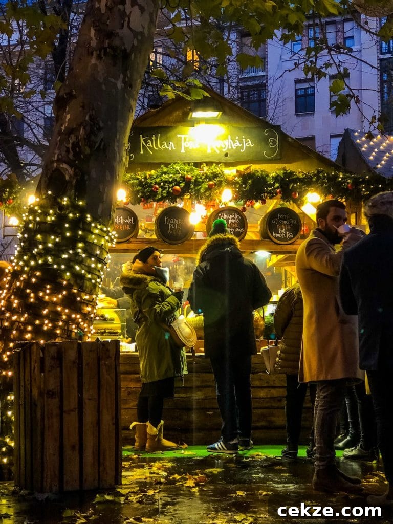 people around a christmas stall with christmas lights