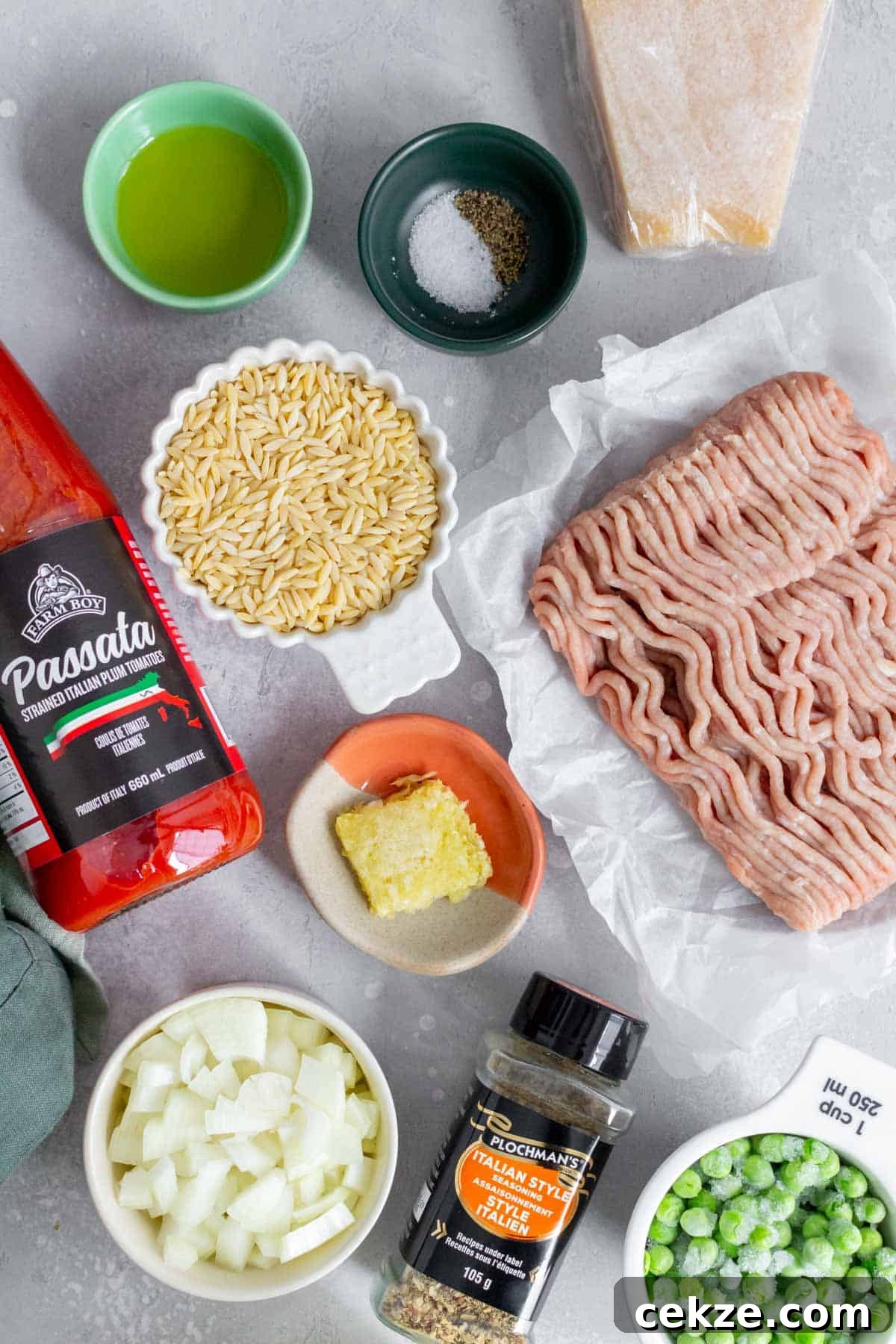 One-Pot Turkey and Pea Orzo Skillet Recipe 3 Ingredients needed to make one pot orzo with turkey and peas.