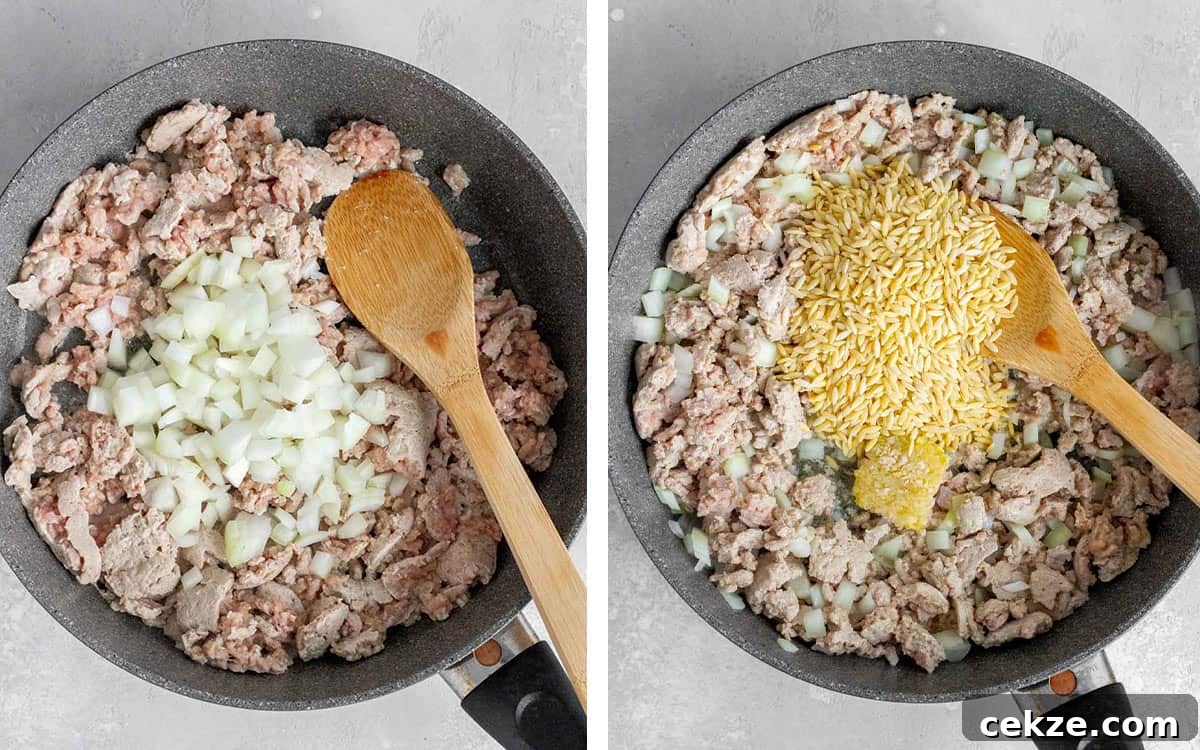 One-Pot Turkey and Pea Orzo Skillet Recipe 4 Set of two photos showing ground turkey, onions, garlic, and orzo cooked in a skillet.