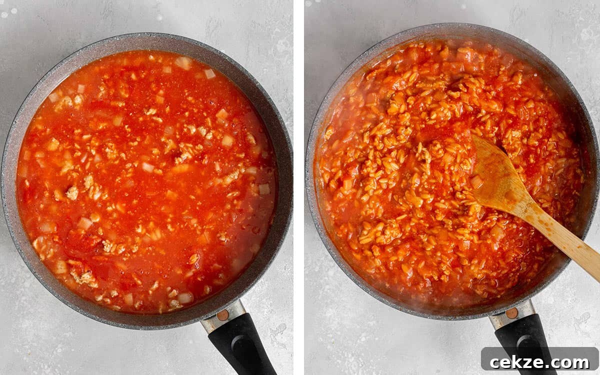 One-Pot Turkey and Pea Orzo Skillet Recipe 5 Set of two photos showing passata sauce added to the skillet of orzo and simmered.