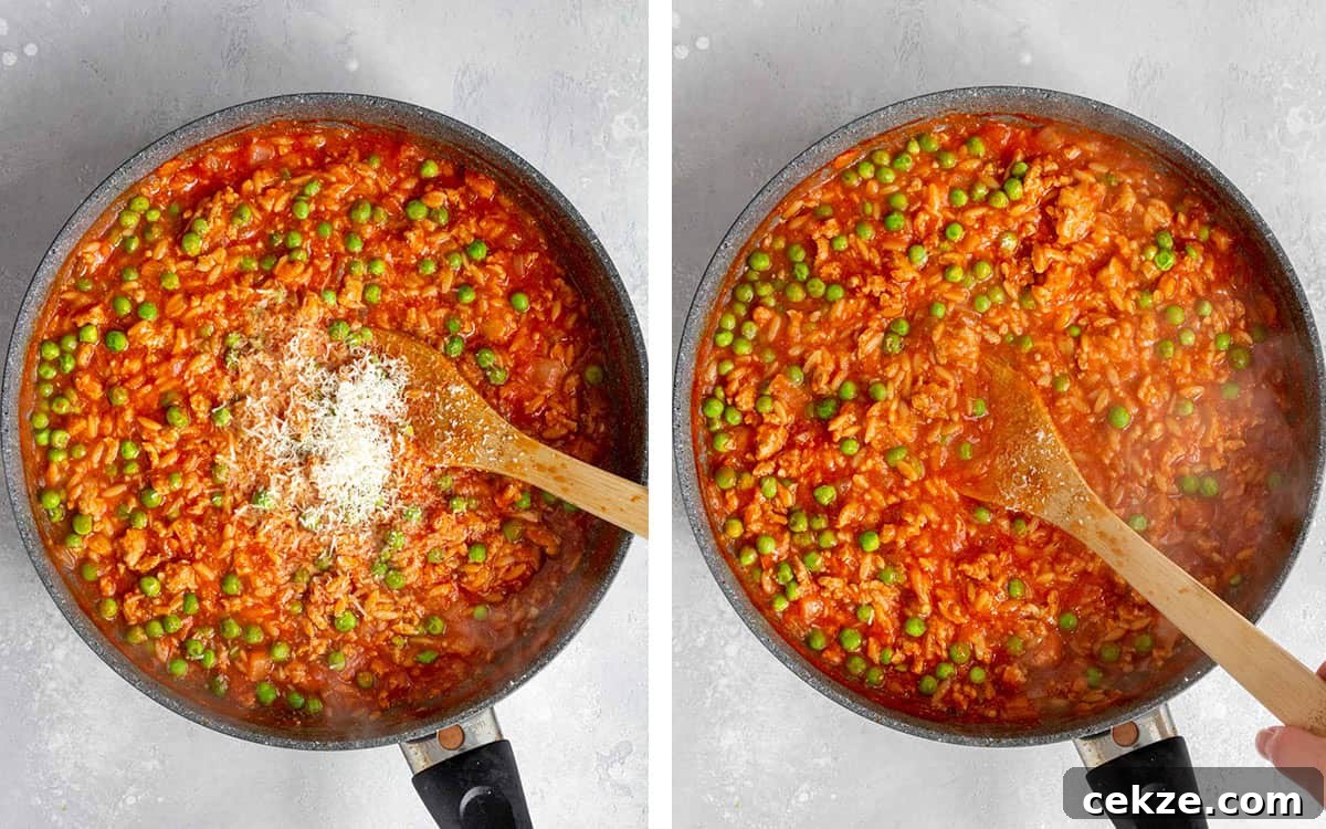 One-Pot Turkey and Pea Orzo Skillet Recipe 6 Set of two photos showing peas and parmesan mixed into the skillet of orzo.