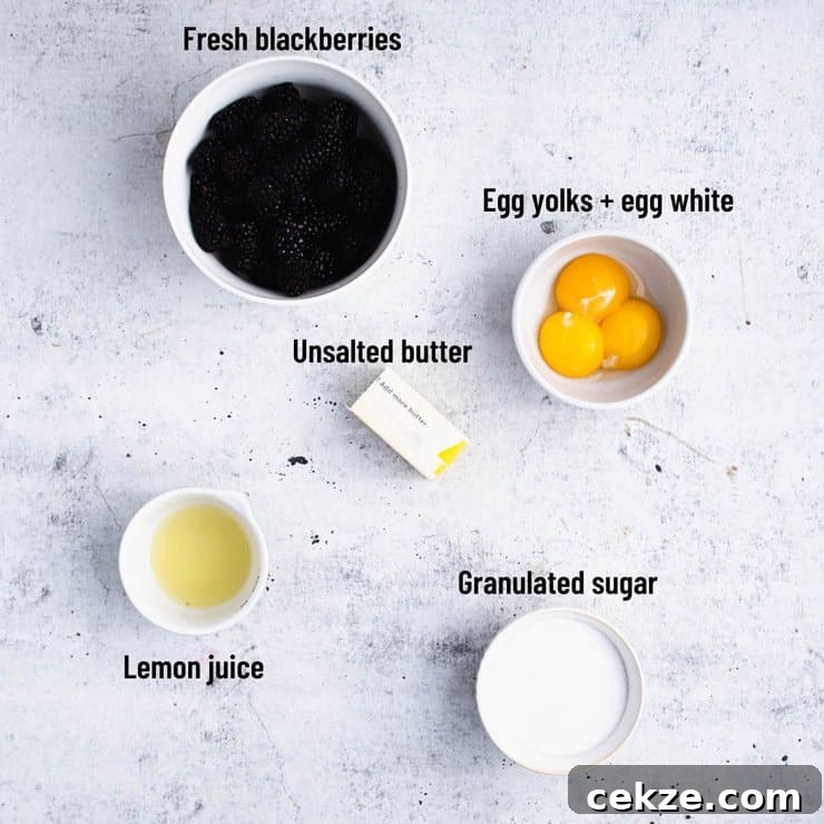 Overhead view of labeled ingredients including blackberries, lemon juice, granulated sugar, butter, egg yolks and egg white.
