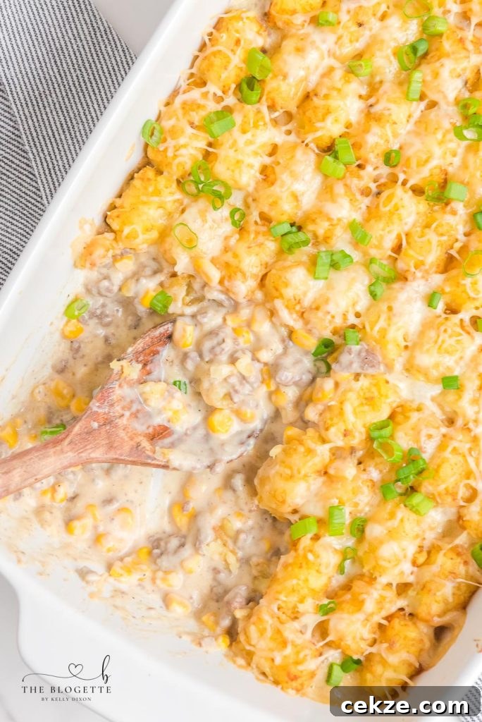 Hearty Cowboy Casserole: Cheesy Ground Beef & Potato Bake 2 Cowboy Casserole is an easy and comfort-food dinner with simple ingredients like ground beef, corn, cheese, and sour cream, then topped with delicious tater tots.