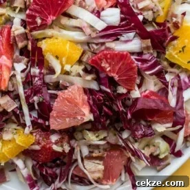Endive, Radicchio and Citrus Salad with Bacon Vinaigrette in white bowl.