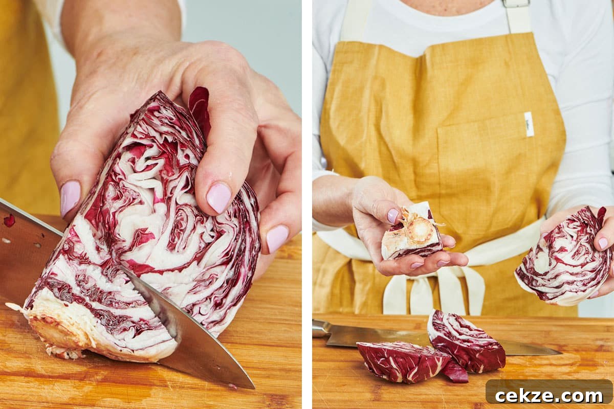 Cutting radicchio on wood board.