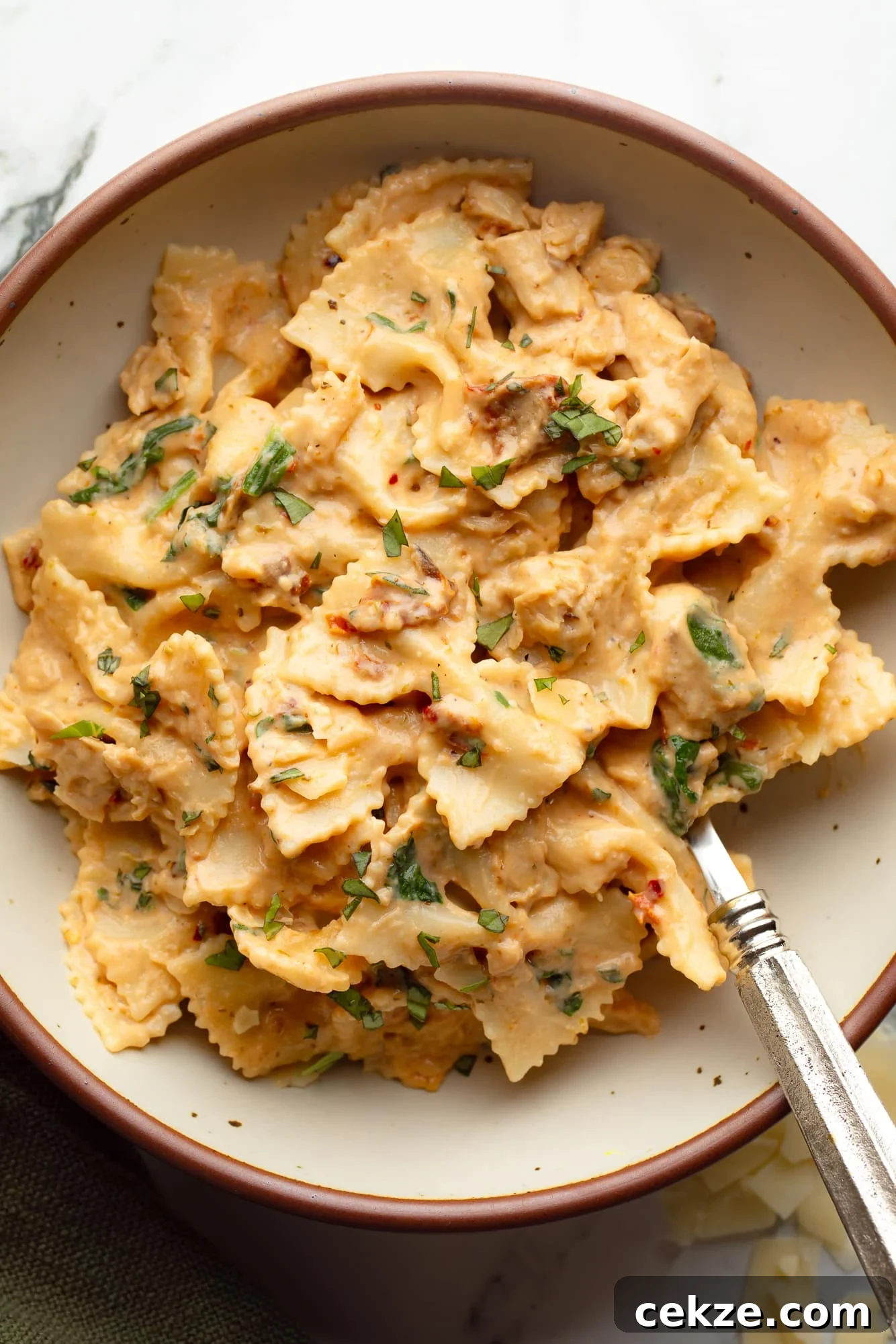 overhead view of vegan marry me pasta in a bowl.