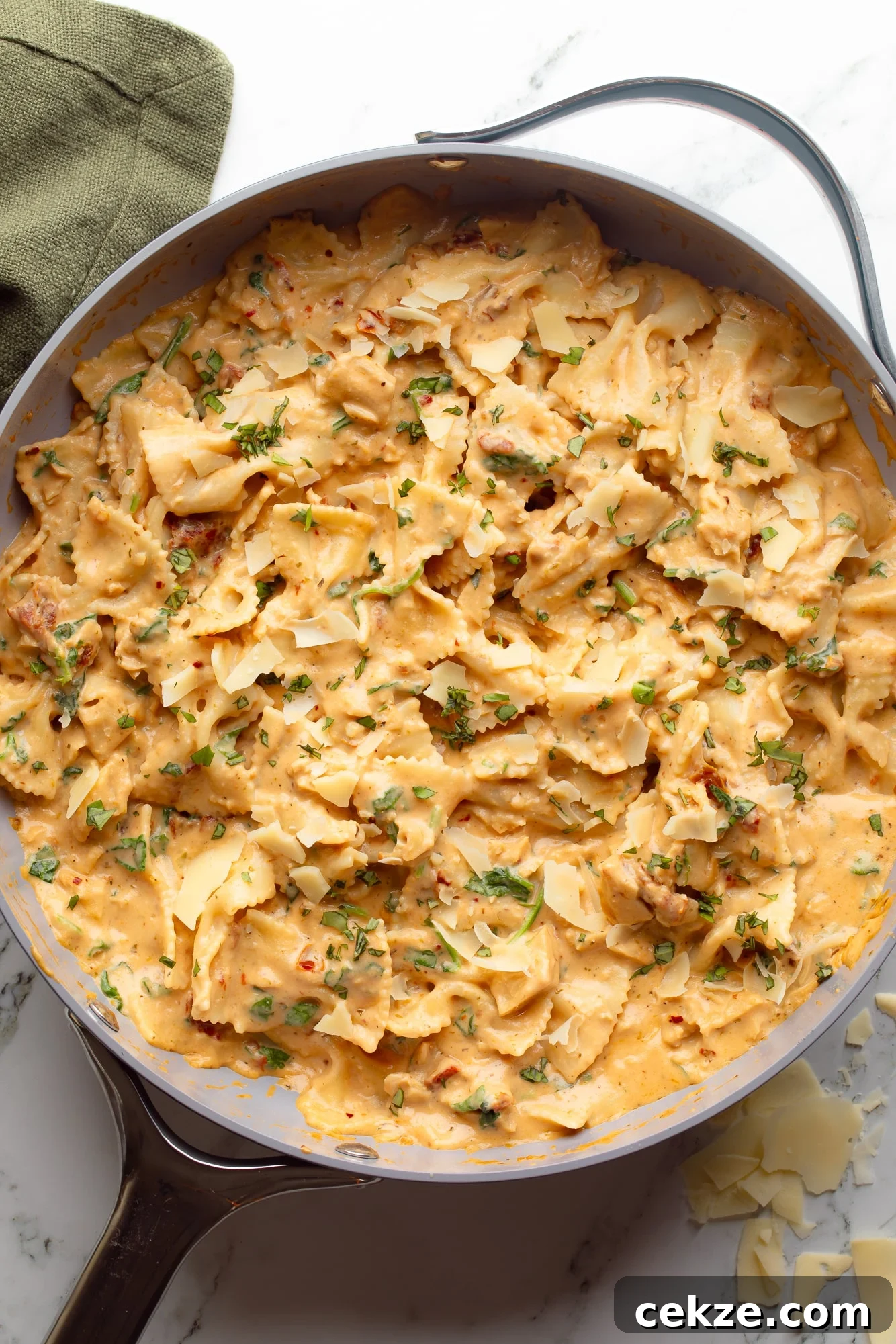 overhead view of vegan marry me pasta in a large skillet.