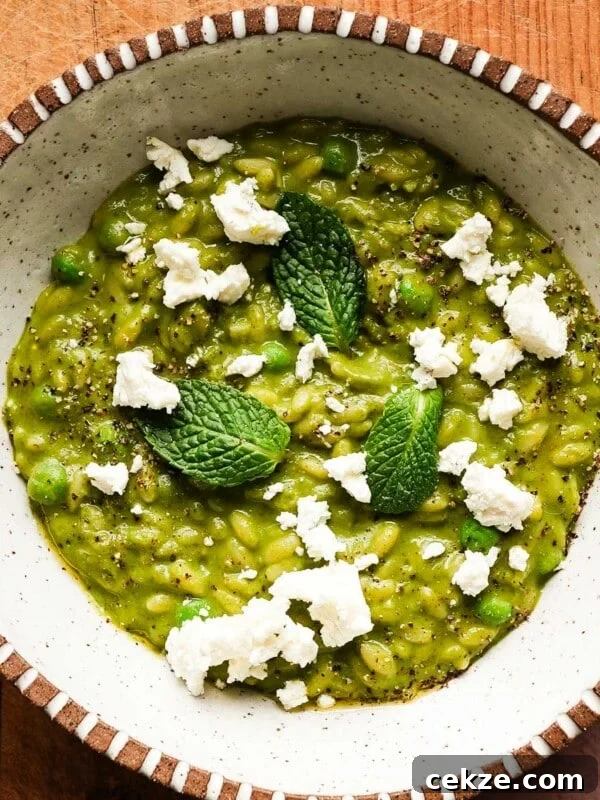 Roasted Hot Honey Brussels Sprouts (5-Ingredient Recipe) 11 Creamy pea and mint orzo risotto topped with feta and fresh mint leaves.