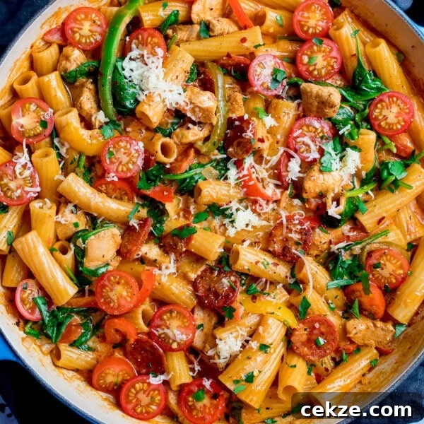 Curry-Roasted Chicken with Crispy Skin and Aromatic Spices 14 A frying pan filled with rigatoni pasta, cherry tomatoes, spinach, and tender Cajun chicken pieces.
