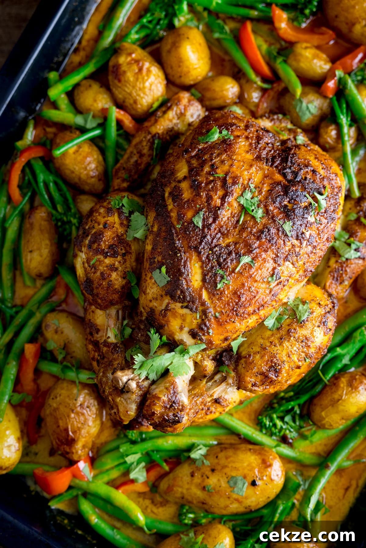 Curry-Roasted Chicken with Crispy Skin and Aromatic Spices 5 Overhead of a whole roast chicken in a baking tray with potatoes, peppers, green beans, broccoli and curry sauce