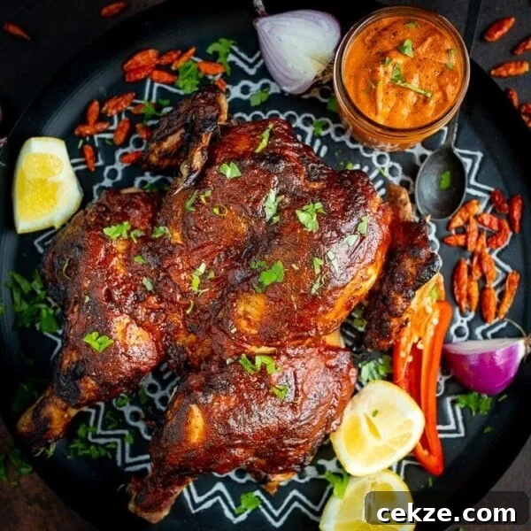 Curry-Roasted Chicken with Crispy Skin and Aromatic Spices 9 Roasted peri peri chicken on a tray next to a jar of homemade peri peri sauce.