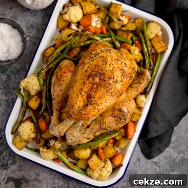 Curry-Roasted Chicken with Crispy Skin and Aromatic Spices 10 A square overhead shot of a white roasting dish filled with Air Fryer Roast Chicken Dinner.