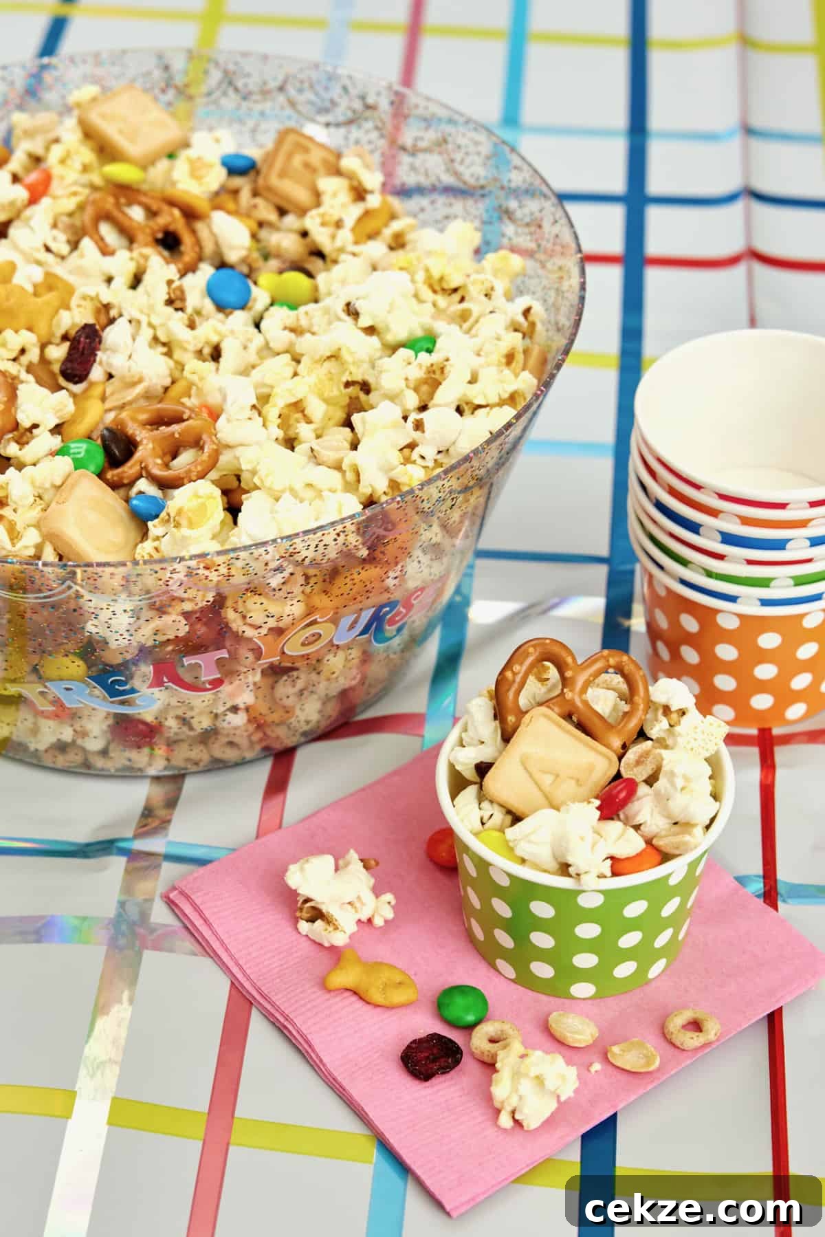 A stack of paper cups next to a large glass bowl reading TREAT YOURSELF filled with a popcorn snack mix with pretzels, M&Ms, dried cranberries, roasted peanuts and alphabet cookies.