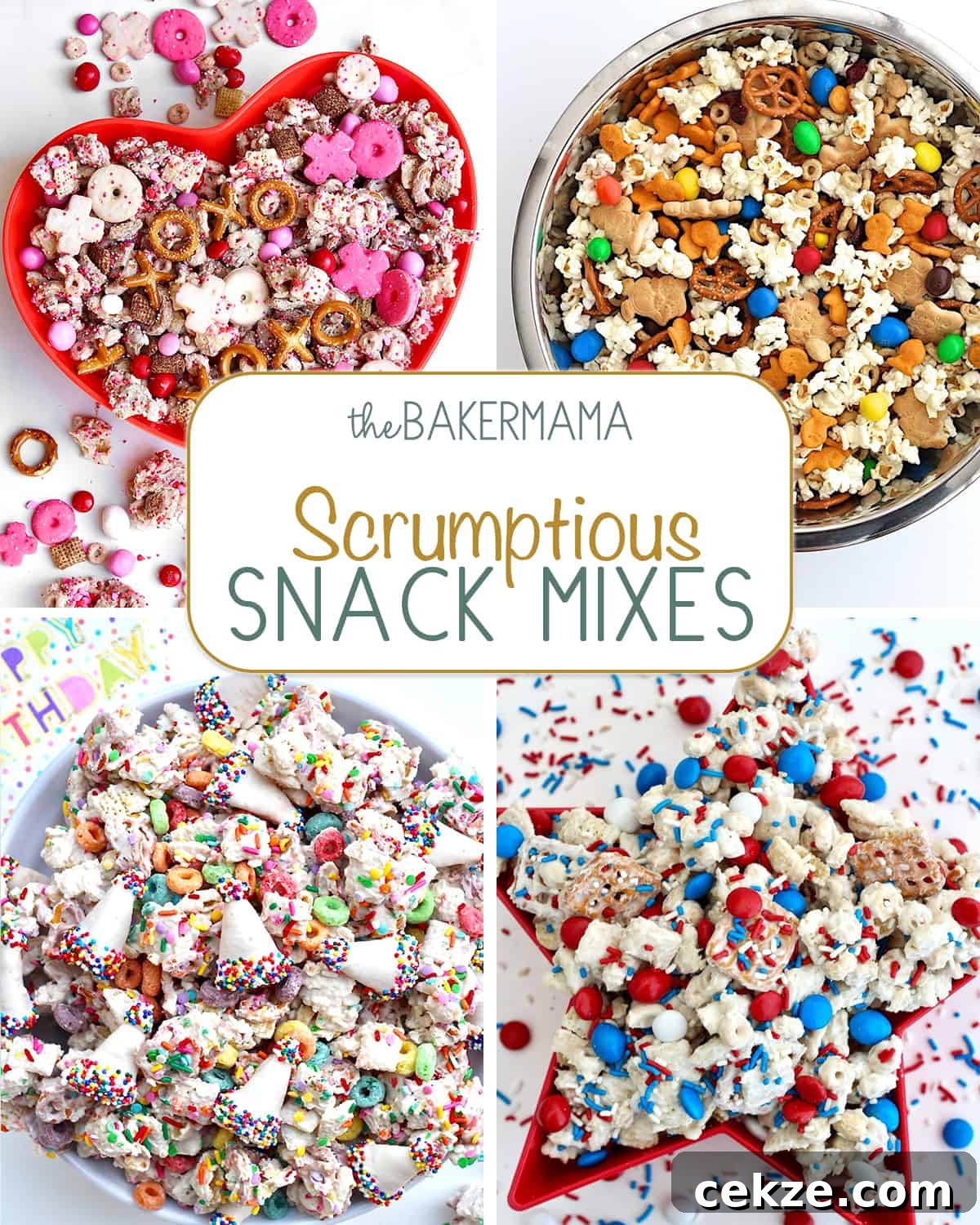 Valentine's snack mix, after school snack mix, birthday snack mix and a Fourth of July snack mix.