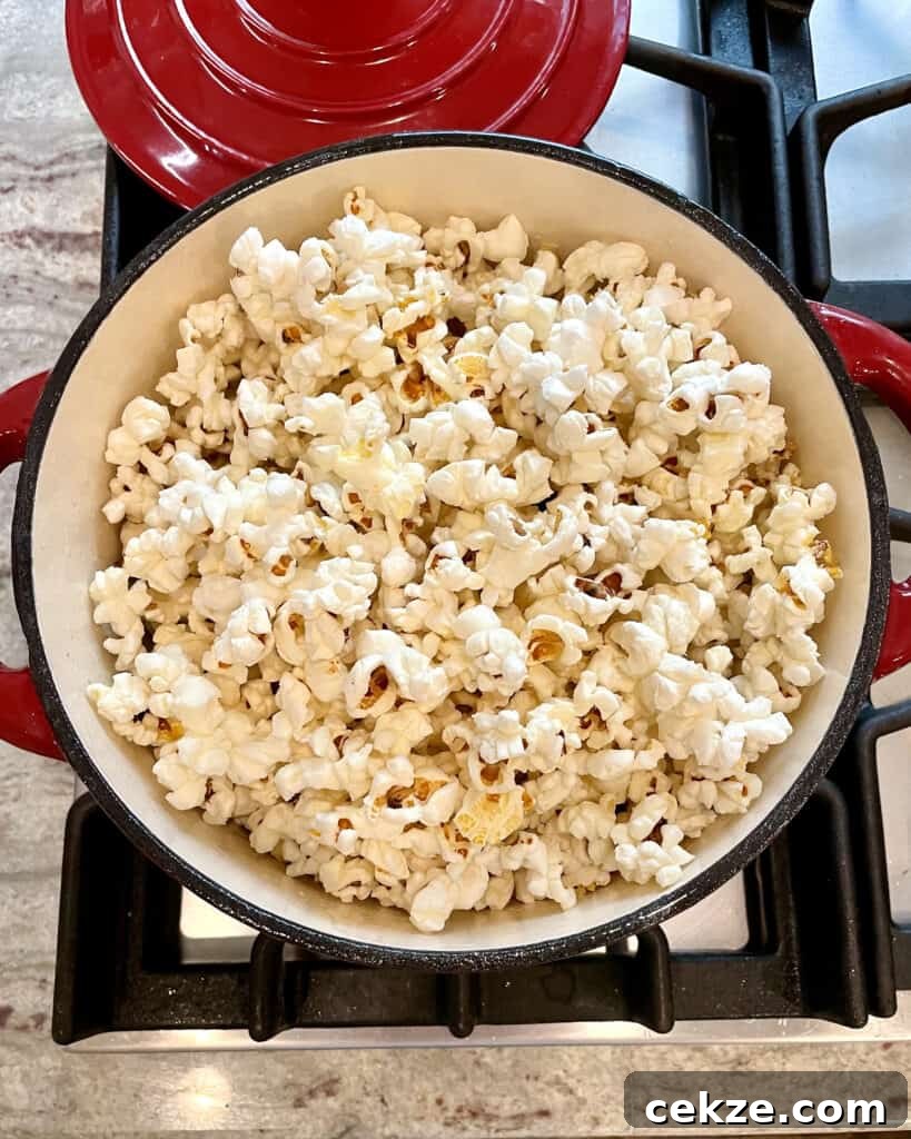 A red cast iron pot filled with popped popcorn sitting on a stove.