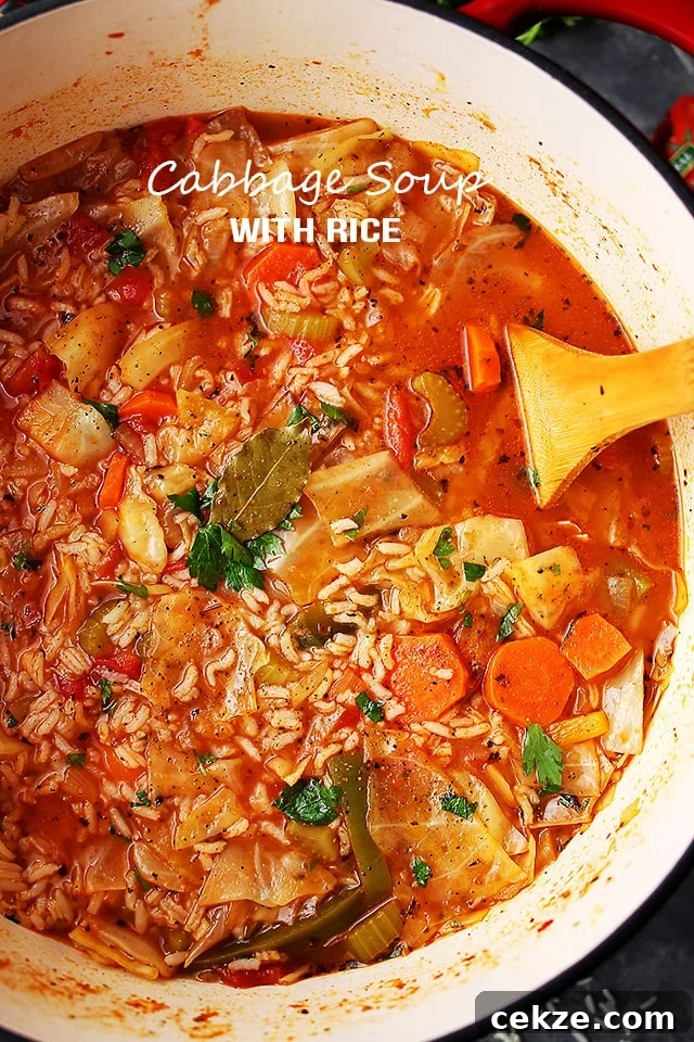 This quick and easy cabbage soup is made with a flavorful tomato broth loaded with tender rice and lots of veggies. Cabbage soup with rice in a soup pot.
