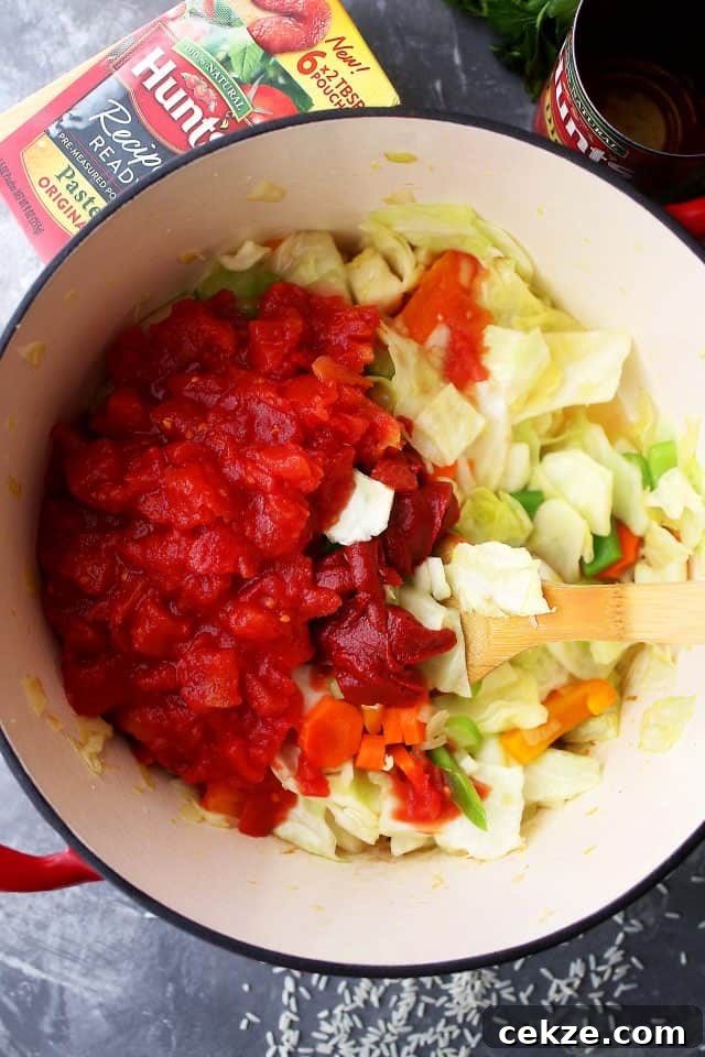 This quick and easy cabbage soup is made with a flavorful tomato broth loaded with tender rice and lots of veggies. Adding diced tomatoes and tomato paste to cabbage soup.