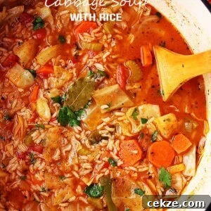 Hearty Cabbage and Rice Soup Recipe for Comforting Meals 2 Cabbage soup with rice in a soup pot.