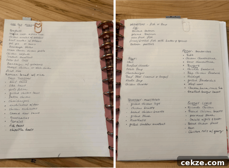 Weekly Meal Planning Guide for Busy Schedules 3 image of hand written lists of meals for meal planning