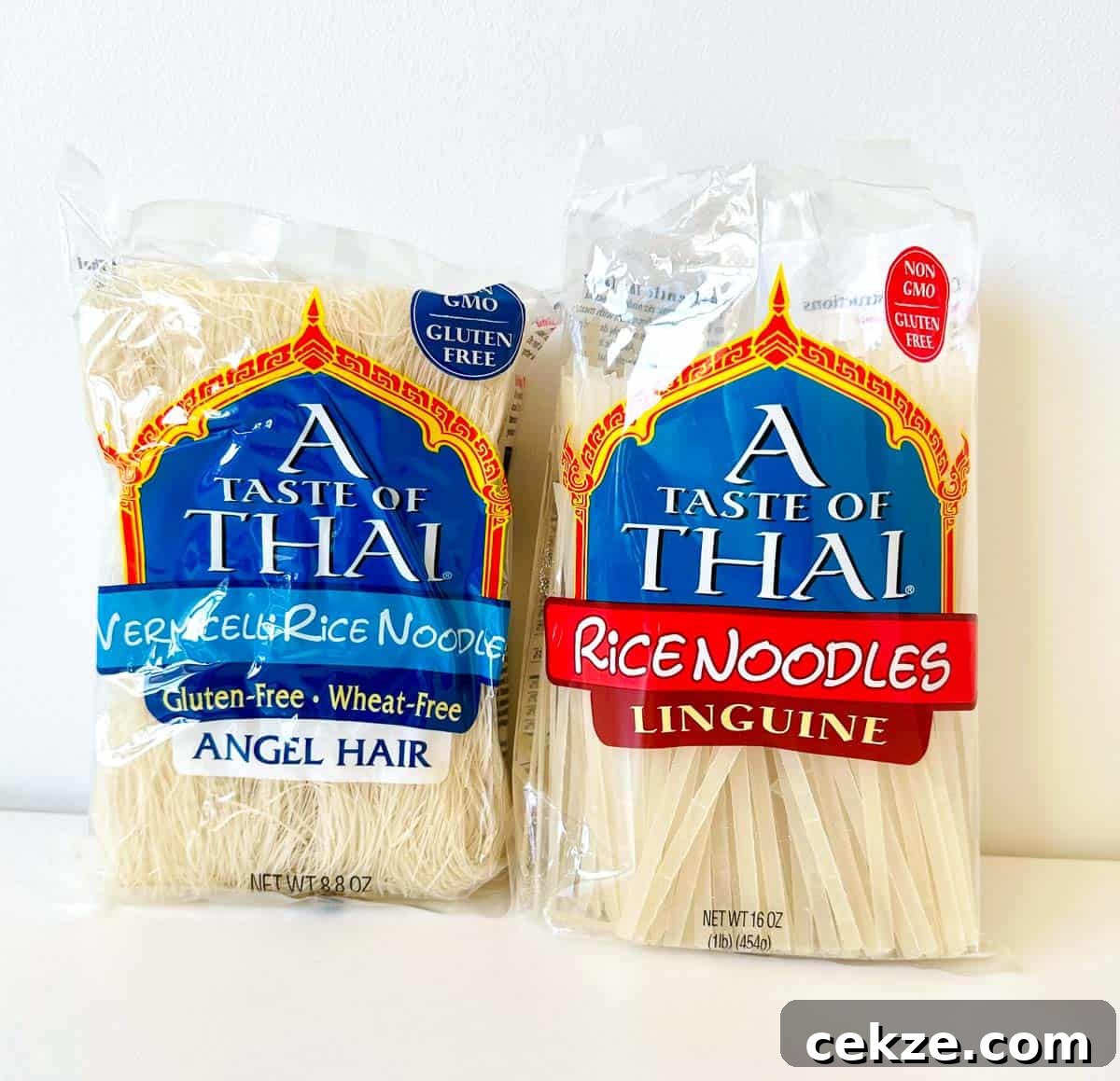 2 bags of thai rice noodles with white background