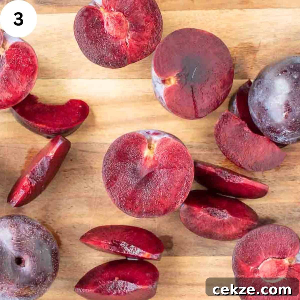 Classic German Plum Cake Recipe (Zwetschgenkuchen) 6 Fresh plums whole, in half and sliced.