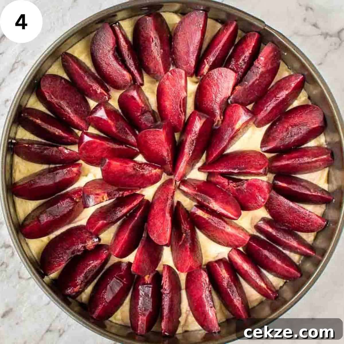 Classic German Plum Cake Recipe (Zwetschgenkuchen) 7 Overhead view of sliced plums arranged in a concentric pattern over cake batter.