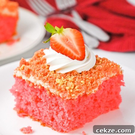 A slice of strawberry crunch cake with whipped cream on top and half a strawberry, plated on a white plate and 2 forks in the background with a red tea towel.