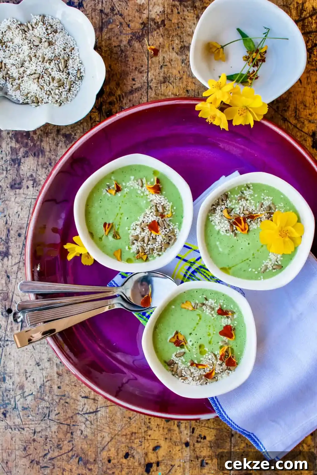 Three bowls of avocado soup topped with seeds and flowers sitting on a purple platter with several spoons on the platter. 