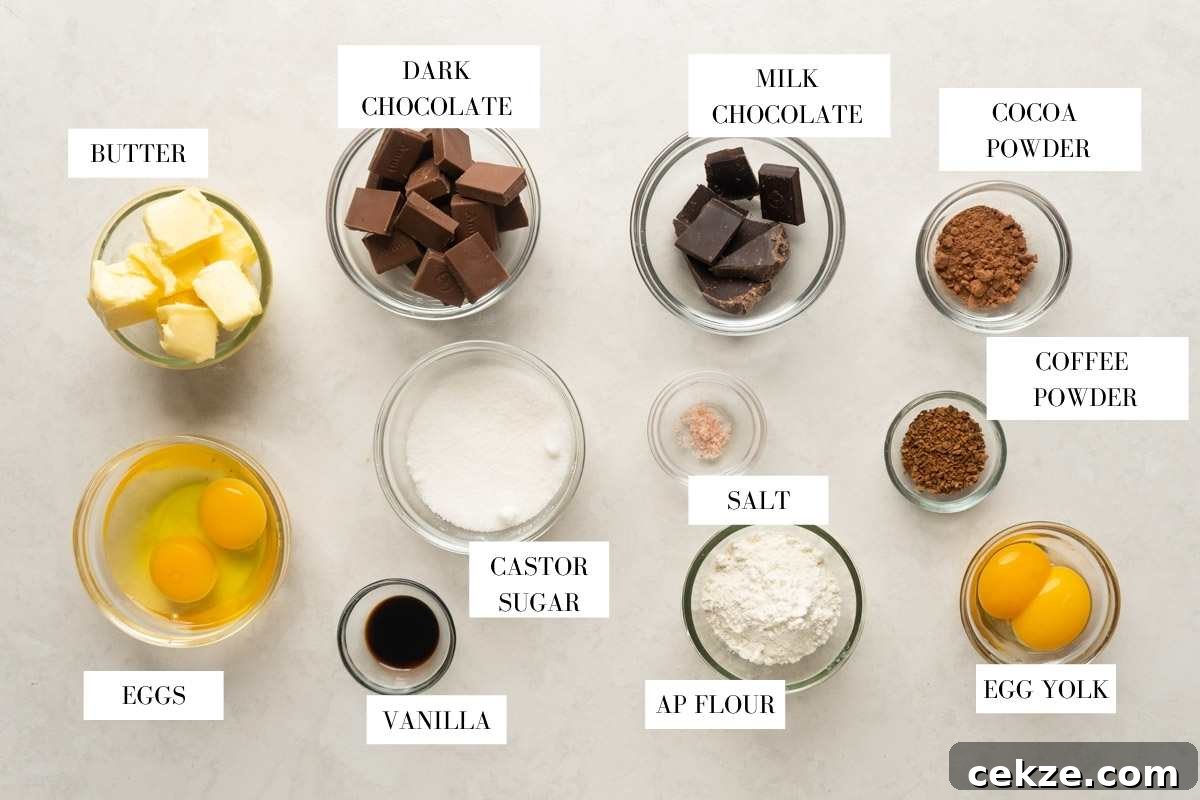 Picture of all the ingredients for mocha lava cake with text to identify them