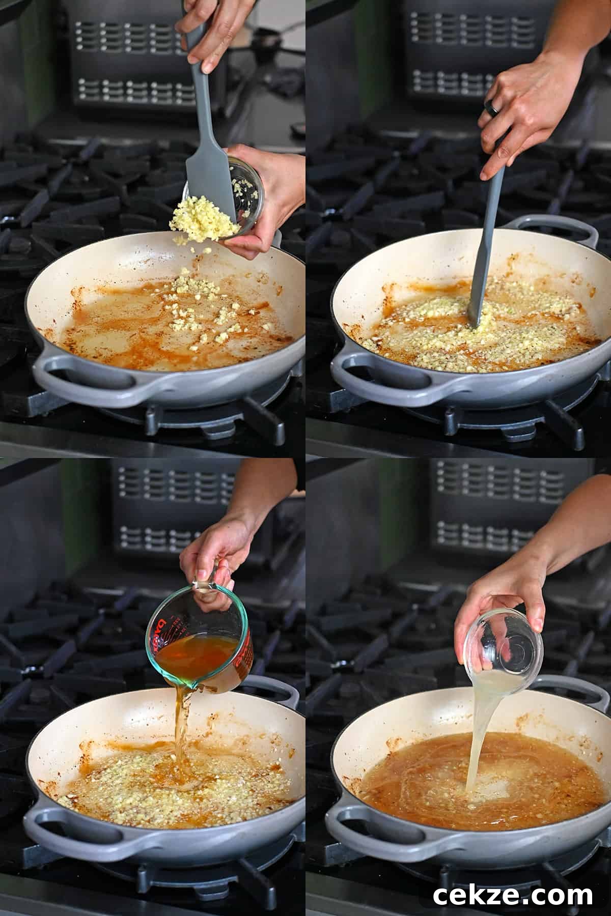 Four sequential shots that show someone making the lemon garlic chicken sauce in a pan by adding minced garlic, broth, and lemon juice.