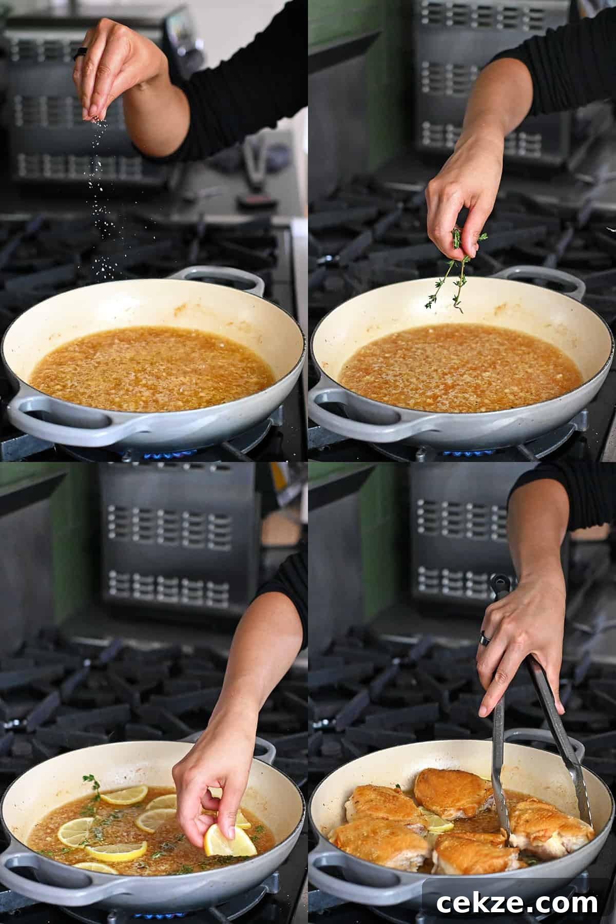 Four sequential steps that show someone adding salt, thyme sprigs, lemon slices, and browned chicken thighs into a skillet with garlic lemon sauce.