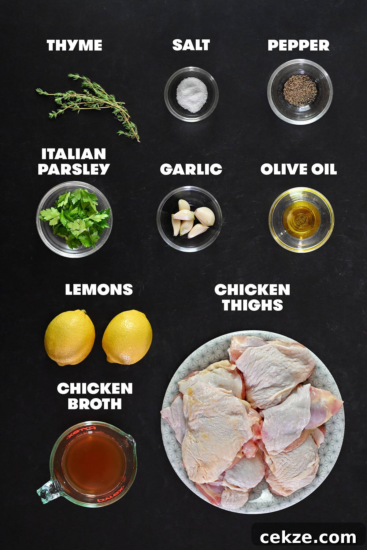 An overhead shot of the raw ingredients to make lemon garlic chicken.