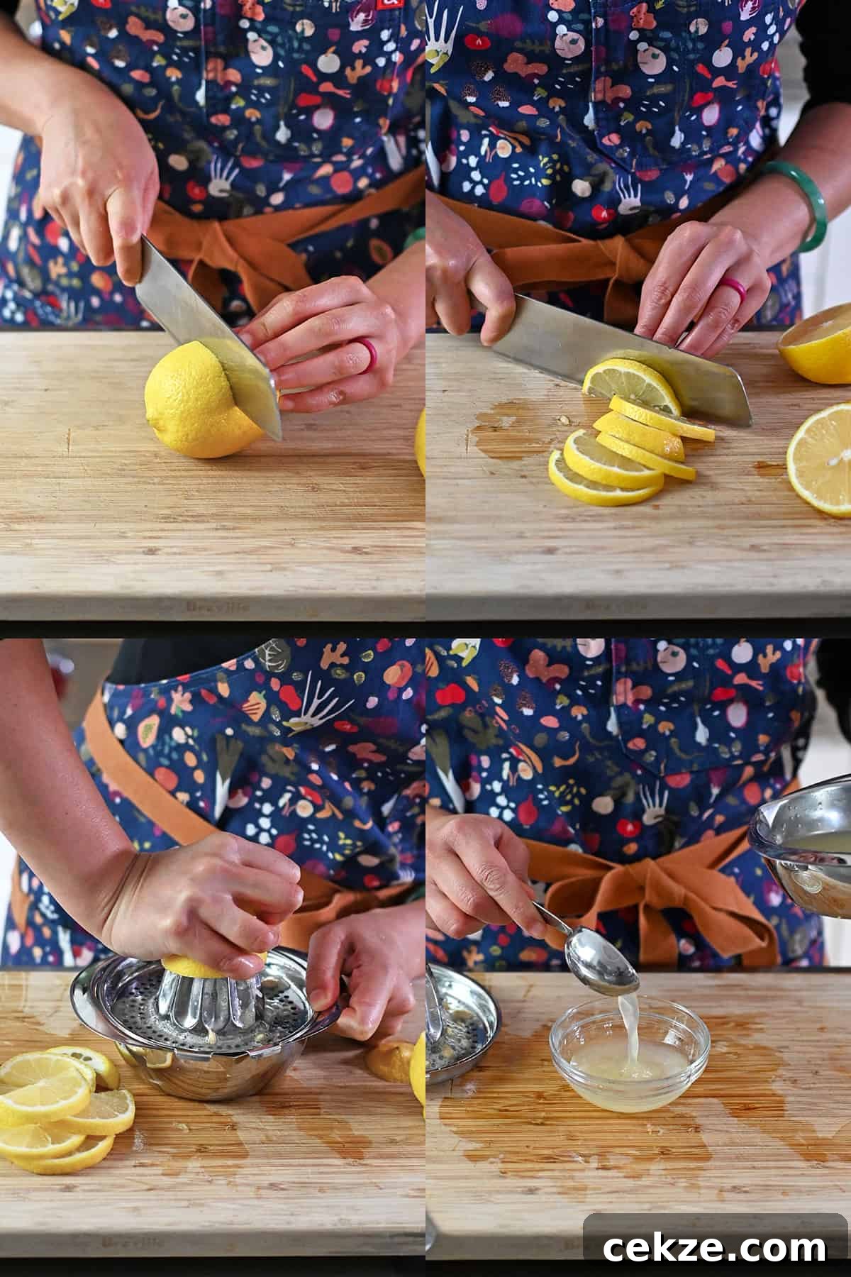 Four sequential shots that show someone slicing two lemons in half and cutting one half of a lemon into thin semicircles and juicing the rest of the halves.