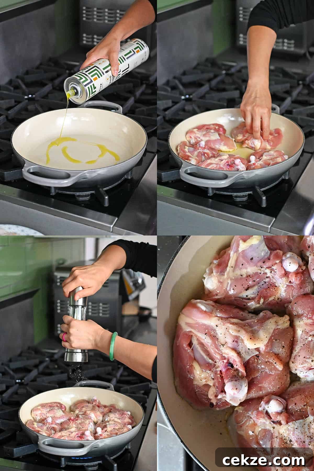 Four sequential shots that show someone adding olive oil to a enameled cast iron skillet, then adding raw chicken thighs skin side down in the pan, adding fresh pepper to the meat side, and a close up shot of the chicken.
