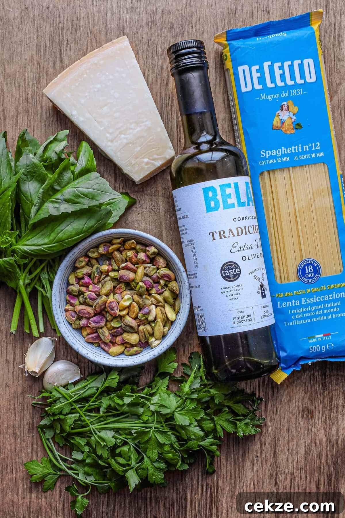 Pasta with Pistachio Pesto | cookeatworld.com The ingredients for Pasta with Pistachio Pesto: Pistachio, Cheese, olive oil, basil, parsley, garlic and spaghetti.
